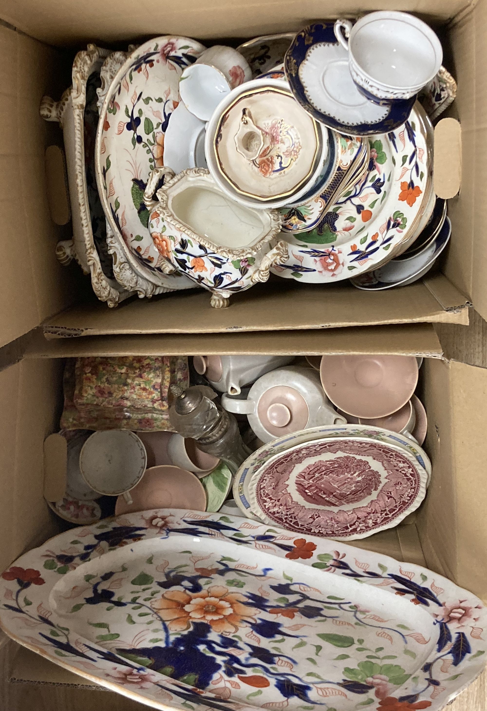 An early 19th century Staffordshire pottery part dinner service, including a large meat dish